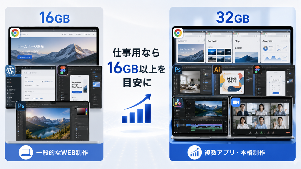 仕事用なら16GB以上を目安に
