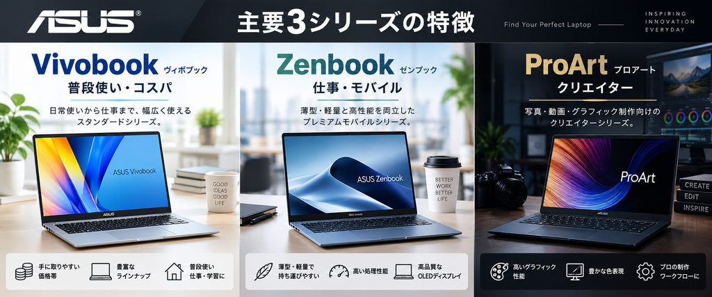 ASUSノートパソコンの主なシリーズ